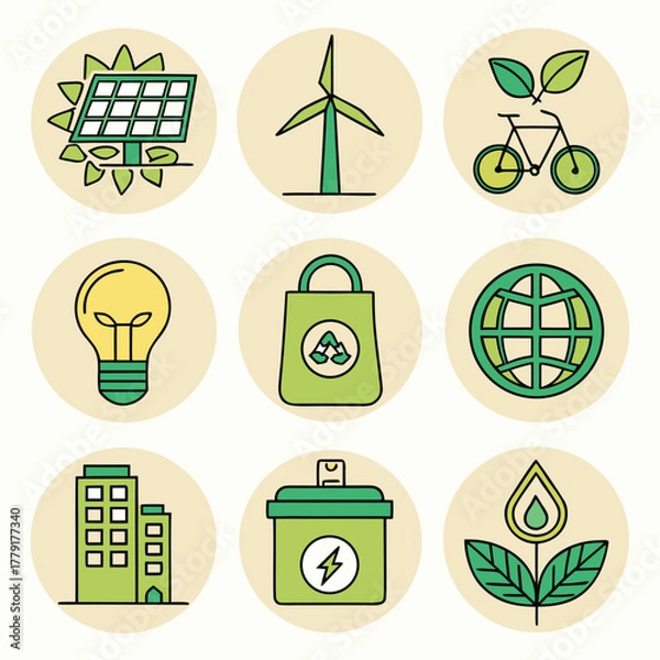 Fototapeta Collection of green energy and sustainability icons in circles including solar panel and wind turbine
