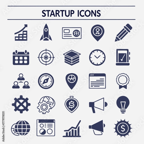 Fototapeta Collection of startup icons including a rocket, graph, calendar, target, and other business symbols