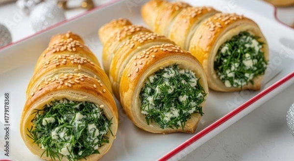 Obraz Savory pastry cones filled with creamy cheese and fresh herbs