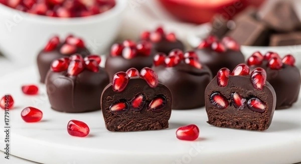 Fototapeta Delicious dark chocolate truffles topped with fresh pomegranate seeds