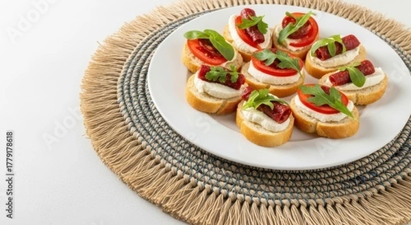 Fototapeta Appetizer bruschetta with tomato, basil, and cheese on a plate