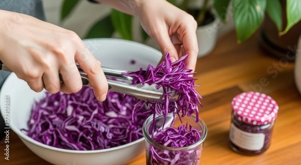 Fototapeta Hands preparing shredded red cabbage for pickling in a jar