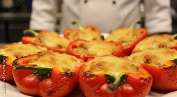 Obraz Close up of delicious stuffed red bell peppers baked with cheese