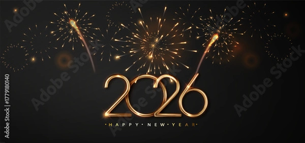 Fototapeta 2026 Golden Number on Dark Christmas Background with Fireworks. Celebration New Year's Eve. Golden Fireworks on Dark Night Sky