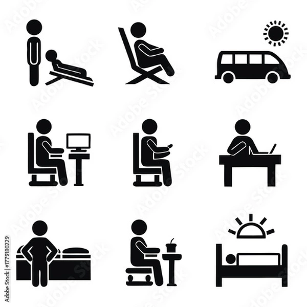 Fototapeta Collection of stick figure illustrations depicting various activities and scenarios in black and white style