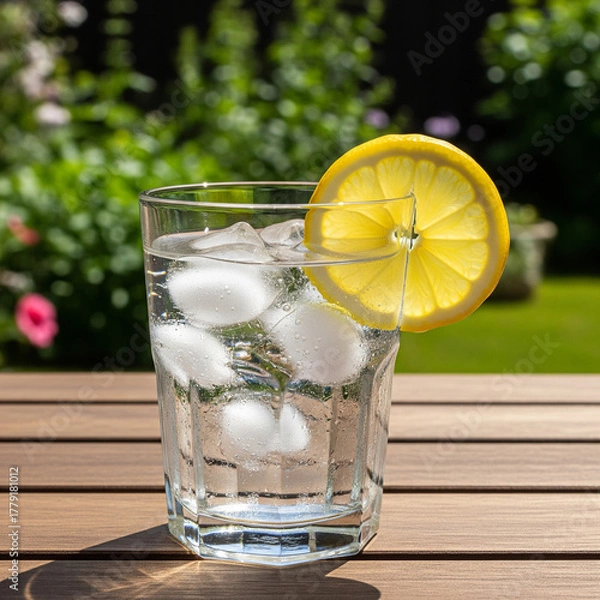 Fototapeta Close-up shot of a refreshing glass of water with ice and a lemon slice on a wooden table.