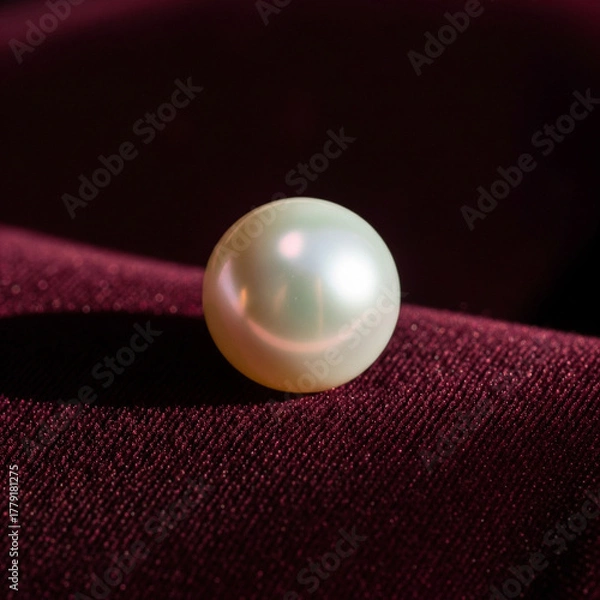 Fototapeta A single, luminous white pearl with a soft sheen resting on a rich, dark red velvet cloth.