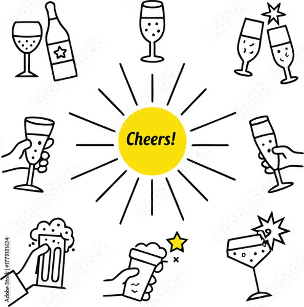 Fototapeta Illustration of celebration with drinks like champagne and beer around a sun with cheers text