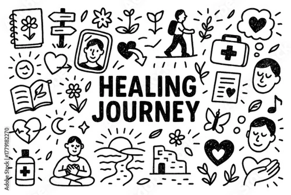 Obraz Healing journey with emotional recovery, mindfulness, and self care symbols in black and white doodle style, Transparent Background