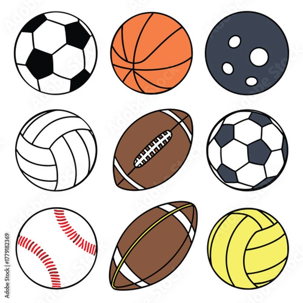Fototapeta Collection of nine different sports balls including soccer basketball and football in a grid layout