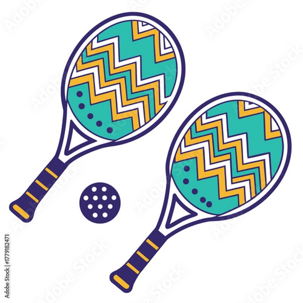 Fototapeta Two pickleball paddles with a teal and yellow zigzag pattern and a pickleball on a white background
