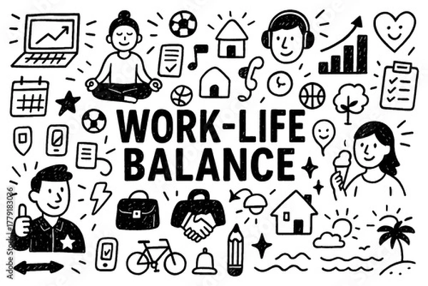 Fototapeta Work life balance concept with career, leisure, and wellbeing icons in black and white doodle style, Transparent Background