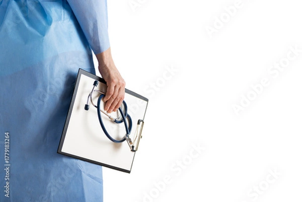 Obraz Medical Professional with Stethoscope and Clipboard on white background