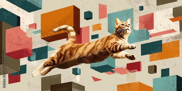 Fototapeta Orange cat leaping through colorful geometric blocks in a surreal digital illustration
