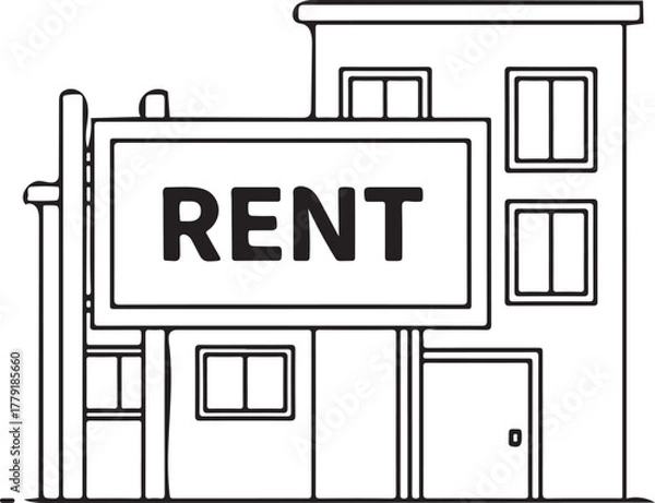 Fototapeta Building with “RENT” sign, rental property concept, minimalist line art, isolated on white background.
