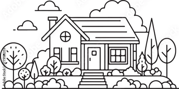 Fototapeta Cozy Cottage House Line Art – Charming Home with Garden & Clouds for Family, Real Estate & Whimsical Design