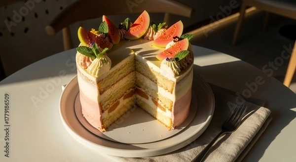 Obraz Stunning Fruitcake Dessert on a Table: Modern Presentation with a Delicious Slice