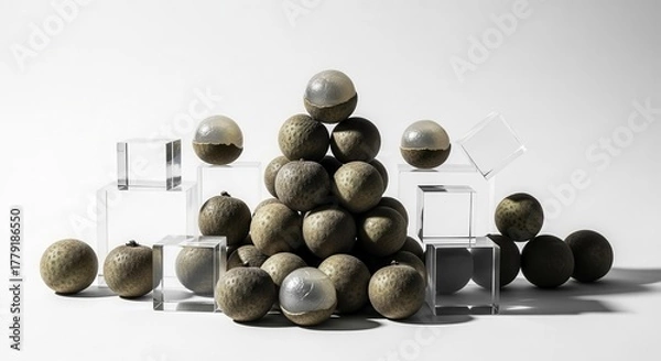 Obraz Stunning Image of Longan Fruits Arranged with Clear Geometric Cubes Against White
