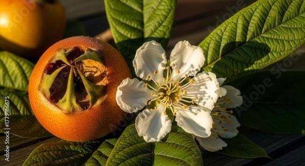 Obraz Stunning Medlar Fruit Blossom Displayed With Fresh Green Leaves in Sunlight Focus