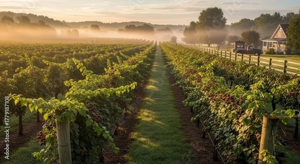 Obraz Stunning Vineyard View With Lush Grapes In Morning Light and Misty Background Landscape
