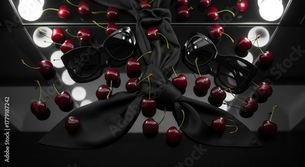 Obraz Stylish Sunglasses And Ripe Cherries Arranged On Black Reflective Surface