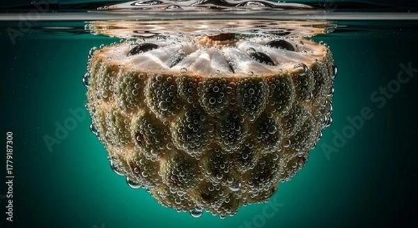 Obraz Submerged Custard Apple Section Surrounded By Bubbles Against A Moody Green Backdrop