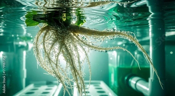 Obraz Submerged Hydroponic Plant Root Structure with Water Bubbles and Surrounding Elements