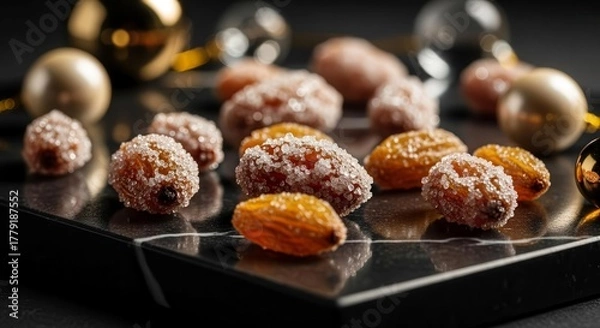 Obraz Sugared Almonds and Holiday Ornaments on a Dark Board for Promotional Content