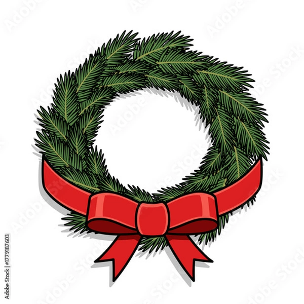 Obraz Realistic Christmas wreath with red bow, green pine decor