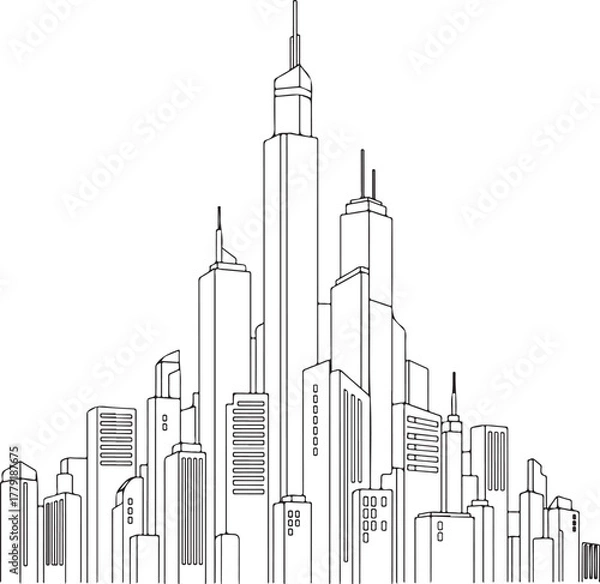 Fototapeta City skyline with skyscrapers, urban architecture concept, minimalist line art, isolated on white background.