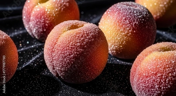 Obraz Sugared Peaches Displayed On A Dark Surface with Soft Natural Lighting Present