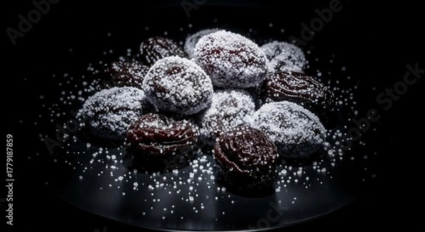 Obraz Sugared Plums Artfully Arranged On A Black Plate Illuminated In Dramatic Light