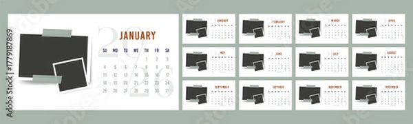 Fototapeta 2026 year english calendar set of template monthly horizontal pages. Blank photo frame collage design planner week starts on Sunday. 