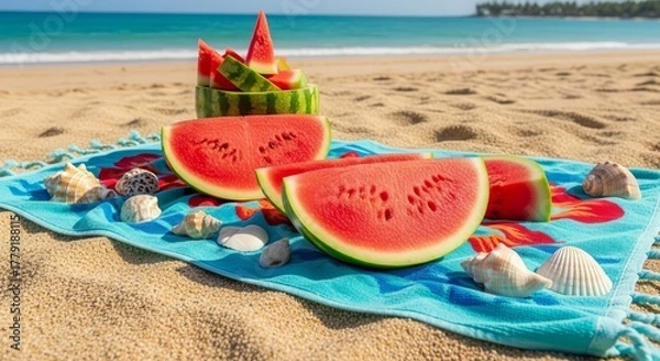 Obraz Summer Beach Picnic Featuring Watermelon Slices, Seashells, And Sandy Shores Scene