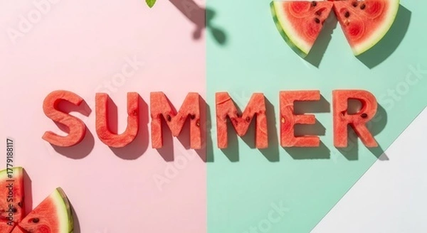 Fototapeta Summer Bliss: Creative Watermelon Text Displayed On A Dual-Color Pastel Background