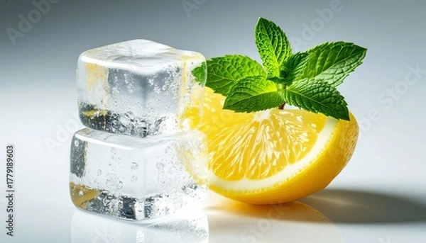 Obraz Ice cubes beside fresh lemon slice and mint leaves on a light background  