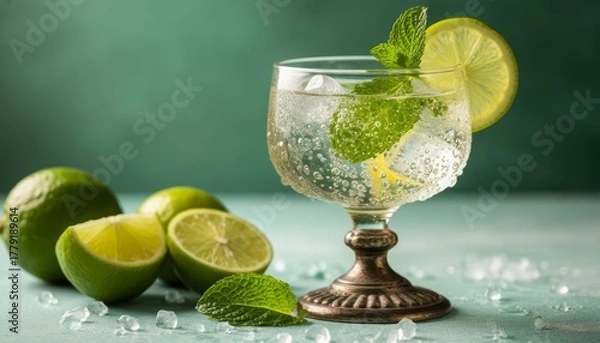 Obraz Refreshing cocktail with lime and mint in glass on green background  