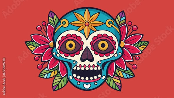 Obraz Vibrant day of the dead sugar skull illustration with floral accents and festive colors on a red background