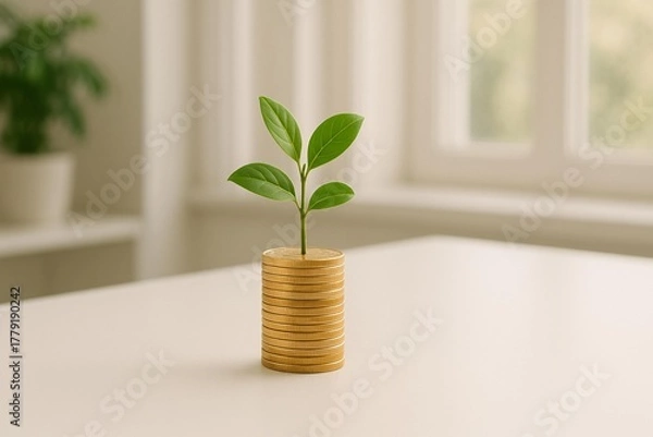Obraz Green Growth: Concept of Sustainable Investment with Plant Growing from Coins