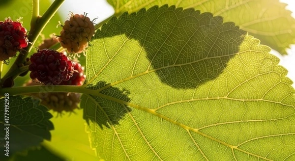 Fototapeta Sunlight Pierces Through Vibrant Mulberry Foliage and Ripe Berries Creating Visual Delight