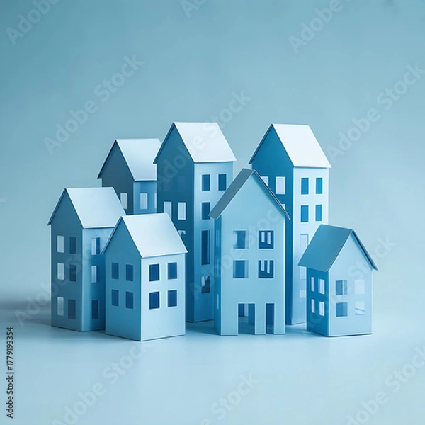 Fototapeta Miniature paper houses in soft blue tones form a minimalist cityscape, symbolizing serene community living and real estate concepts within an idyllic residential development showcased in studio light.