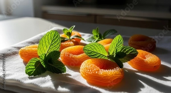 Obraz Sunlit Apricots and Fresh Mint: A Wholesome Arrangement on a White Surface