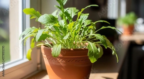Obraz Sunlit Arugula Plant in a Terracotta Pot Resting on a Windowsill at Home