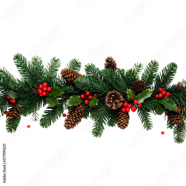 Fototapeta Evergreen garland with pinecones, holly, and berries