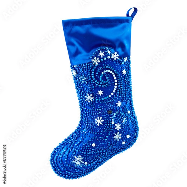 Obraz Ornate blue stocking adorned with sparkling white snowflake and swirl designs