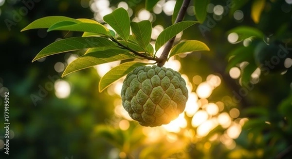 Fototapeta Sunlit Custard Apple Branch: A Stunning Display Of Nature's Beauty And Delight