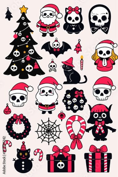 Fototapeta Spooky Christmas Clipart Set. Gothic Holiday Elements with Skeletons, Cats, Snowmen and Skulls. Gothmas vector illustration