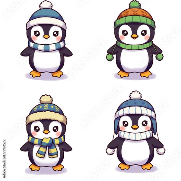 Fototapeta Four cute cartoon penguins wearing colorful winter hats and scarves, standing against a white background.