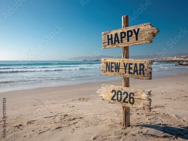 Fototapeta Happy new year 2026 signpost on a sandy beach with ocean waves