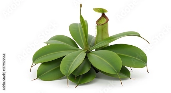 Obraz Vibrant Nepenthes Pitcher Plant with Distinctive Red-Rimmed Trap and Lush Green Leaves, Isolated on White Background